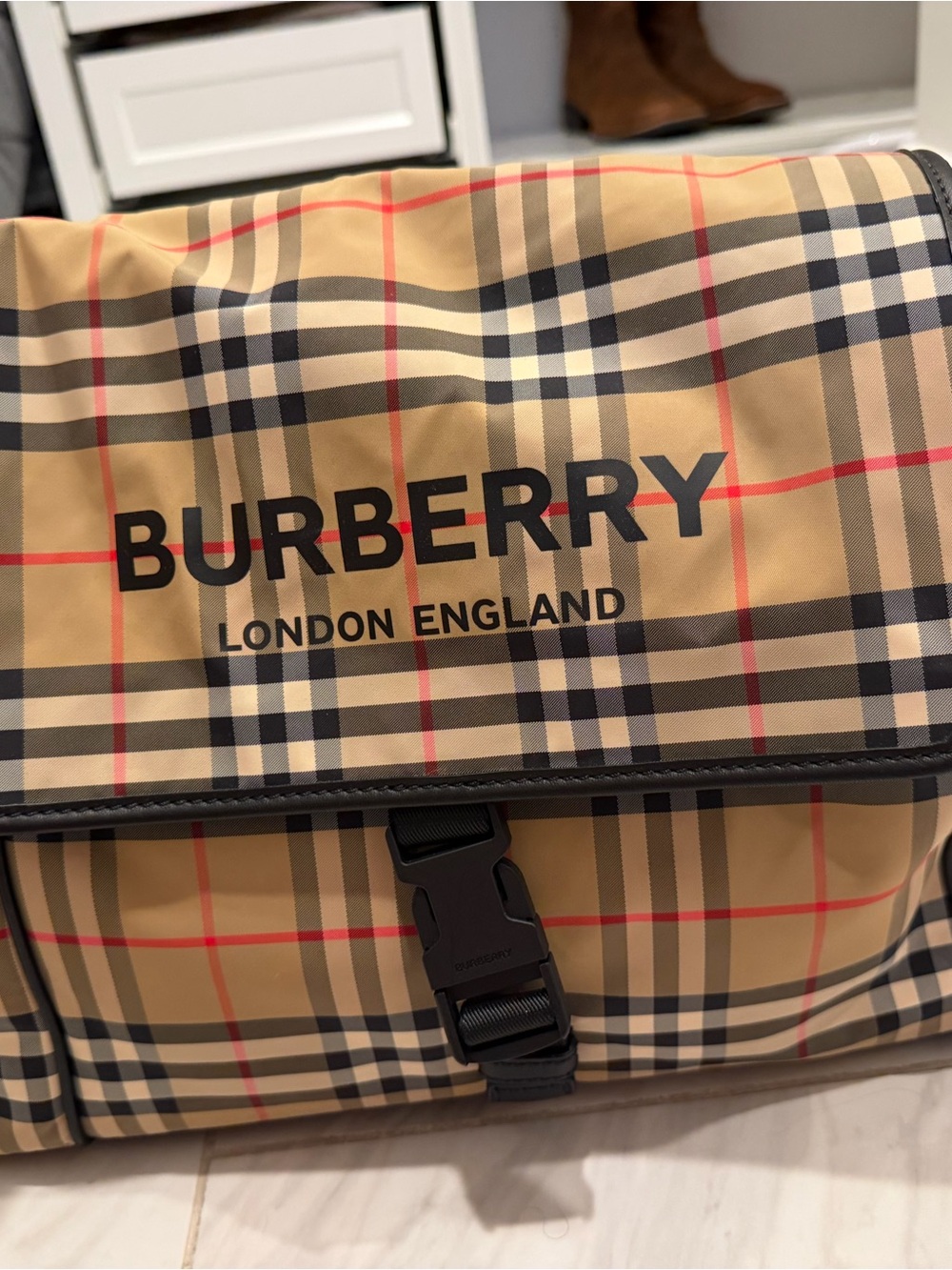 Burberry Tan Plaid Baby Messenger Bag with Black Logo